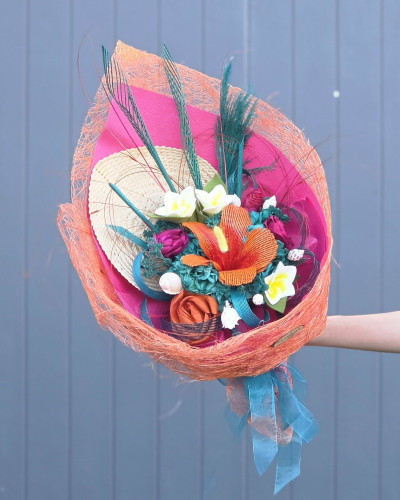Tropical Orange Hibiscus Flax Flower Bouquet